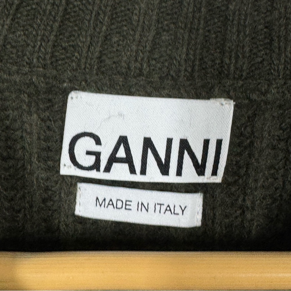 GANNI Recycled Ribbed Chunky Knit Relaxed Fit Sweater Wrist Cuff Dark Green L - Picture 7 of 11